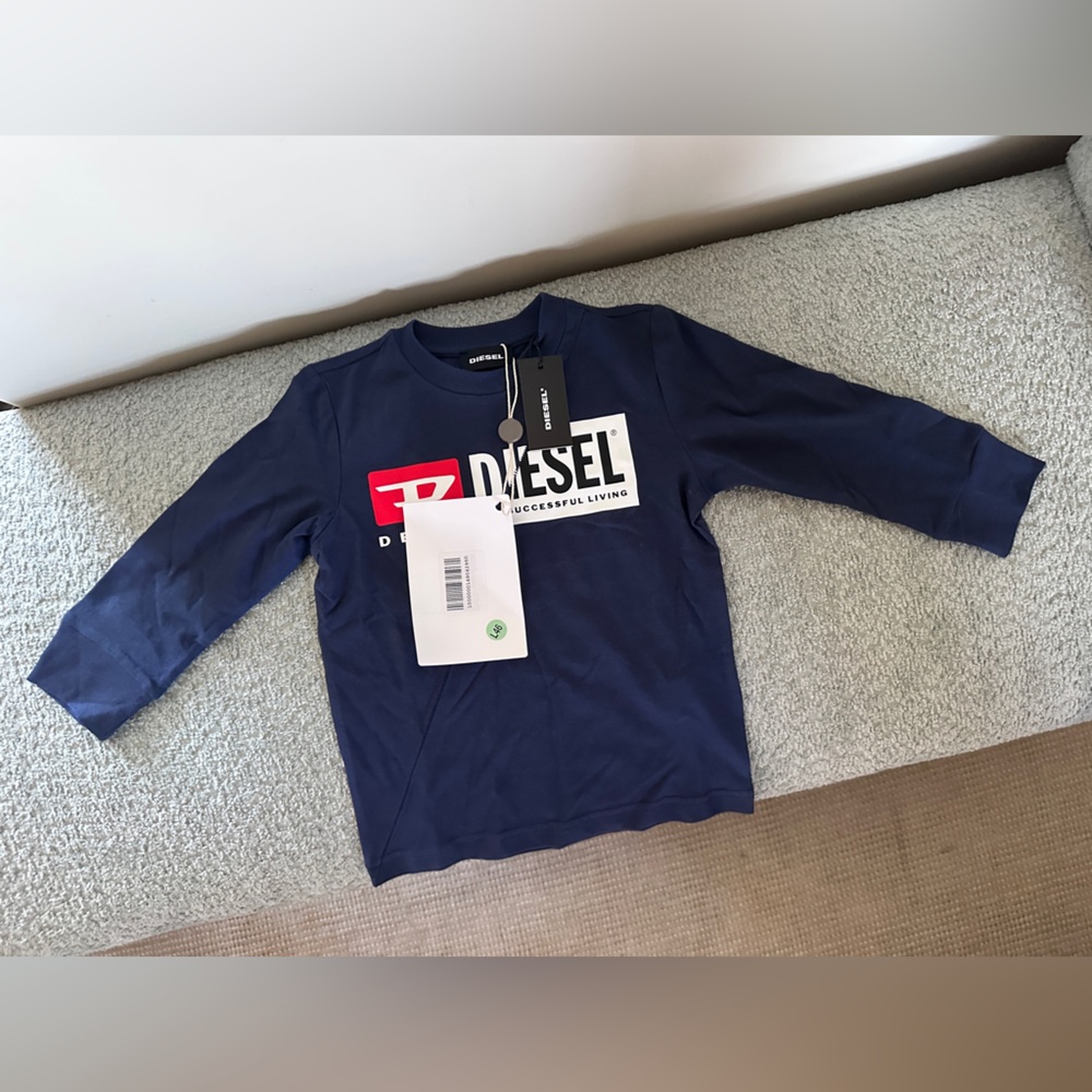 Diesel Boys Navy Long Sleeve Logo Tee with Red Accent